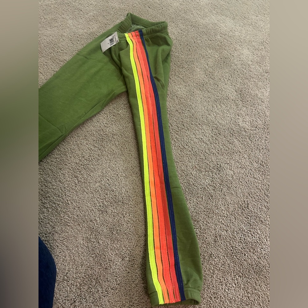 NWT AVIATOR NATION
WOMEN'S 5 STRIPE SWEATPANTS JUNGLE GREEN/NEON RAINBOW - Picture 7 of 8